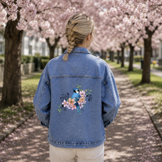 Blue Jay Bird Spring Flowers Nature Illustration Denim Jacket (Creator Uploaded)