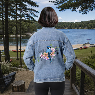 Blue Jay Bird Spring Flowers Nature Illustration Denim Jacket