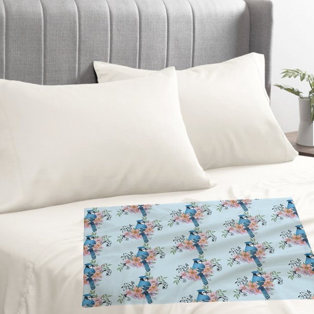Blue Jay Bird Spring Flowers Nature Illustration Pillowcase (Creator Uploaded)