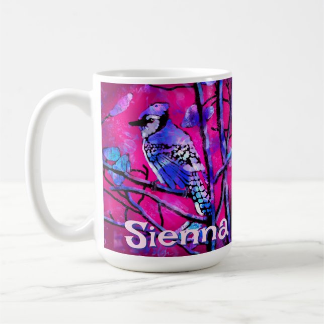 Blue Jay Bird Tree Branch Pink Personalised  Coffee Mug (Left)