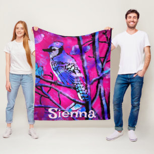 Blue Jay Bird Tree Branch Pink Personalised Fleece Blanket