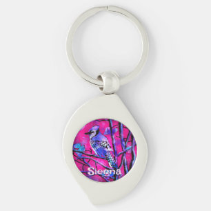 Blue Jay Bird Tree Branch Pink Personalised Key Ring