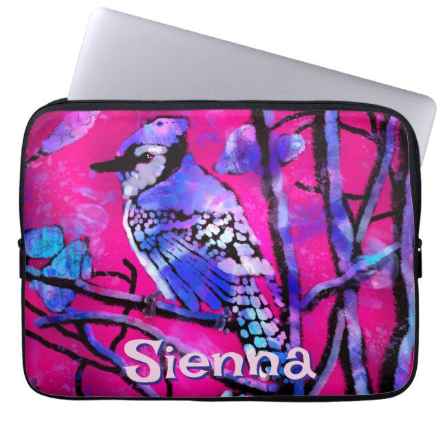 Blue Jay Bird Tree Branch Pink Personalised  Laptop Sleeve (Front)