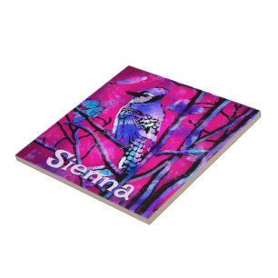 Blue Jay Bird Tree Branch Pink Personalised Tile