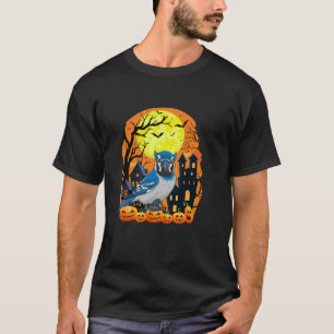 Blue Jay Bird With Pumpkins Funny Scary Halloween T-Shirt