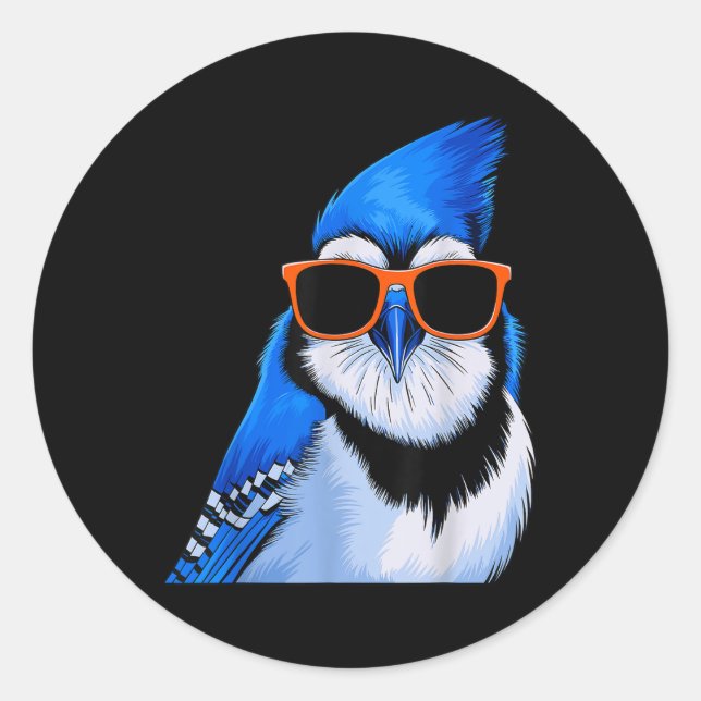 Blue Jay Bird With Sungles Birdwatching  Classic Round Sticker (Front)