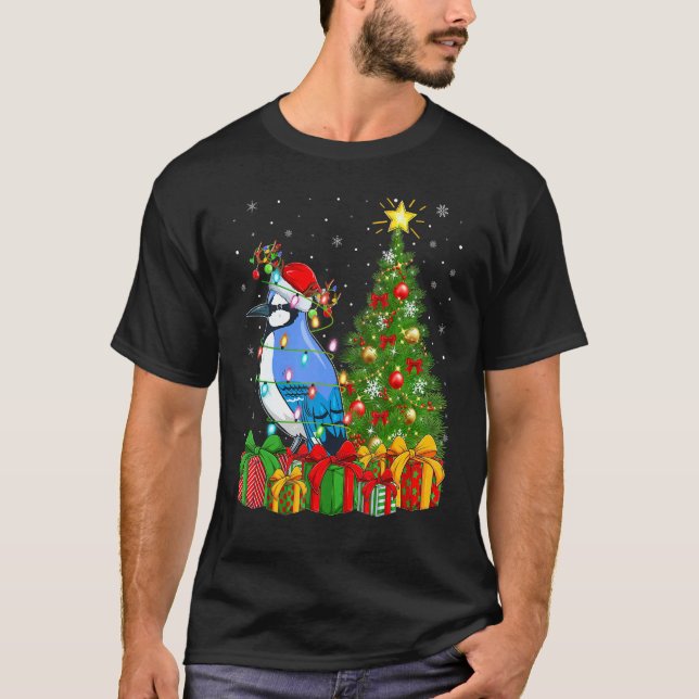 Blue Jay Bird   Xmas Holiday Santa Blue Jay Christ T-Shirt (Front)