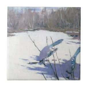 Blue Jay Birds in a Winter Landscape Tile