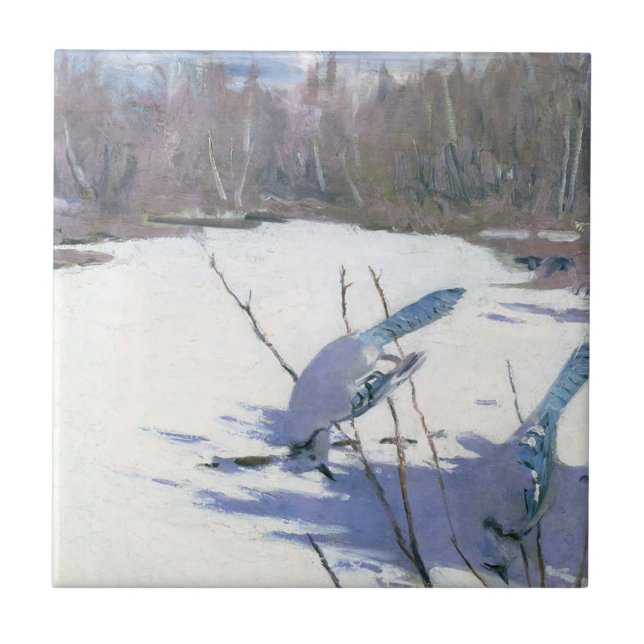 Blue Jay Birds in a Winter Landscape Tile (Front)