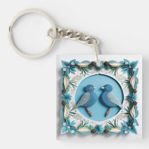 Blue Jay Birds Paper Art Key Ring