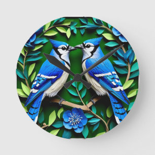 Blue Jay Birds Paper Art Round Clock