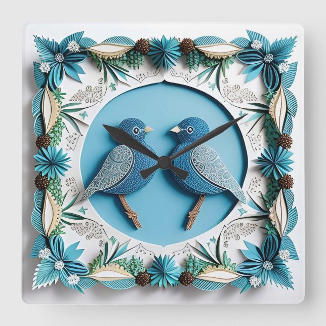 Blue Jay Birds Paper Art Square Wall Clock (Front)