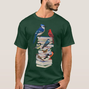 Blue Jay Cardinal Bullfinch with Books Bird Biolog T-Shirt