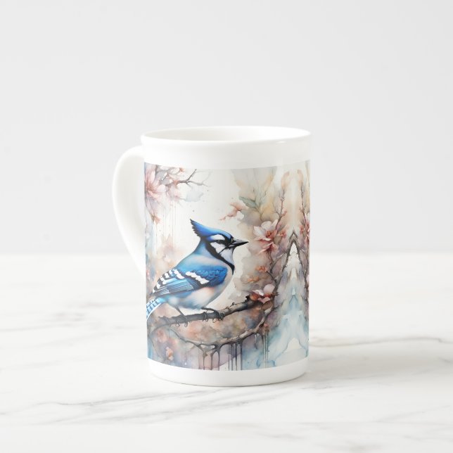 Blue Jay Cherry Blossoms watercolor Bone China Mug (Front Left)