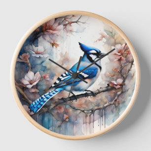 Blue Jay Cherry Blossoms watercolor Clock