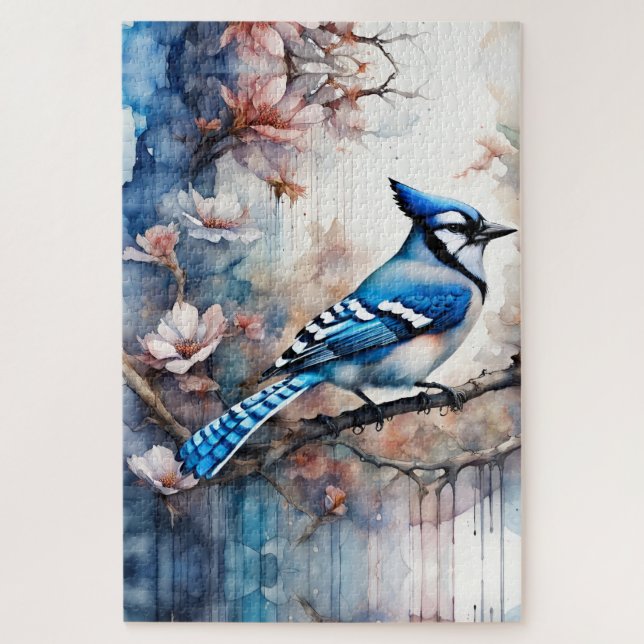 Blue Jay Cherry Blossoms watercolor Jigsaw Puzzle (Vertical)