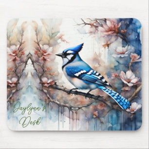 Blue Jay Cherry Blossoms watercolor *Personalise* Mouse Pad