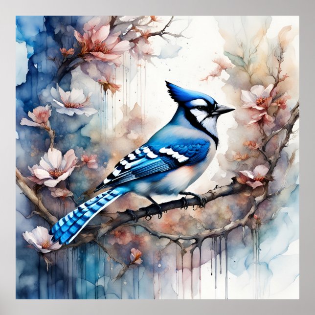 Blue Jay Cherry Blossoms watercolor Poster (Front)