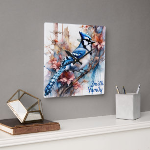 Blue Jay Cherry Blossoms watercolor Square Wall Clock