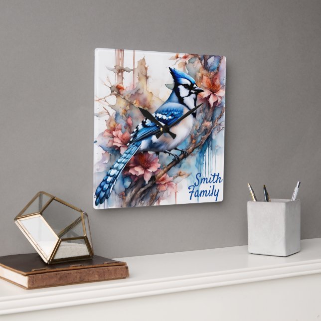Blue Jay Cherry Blossoms watercolor Square Wall Clock (Office)
