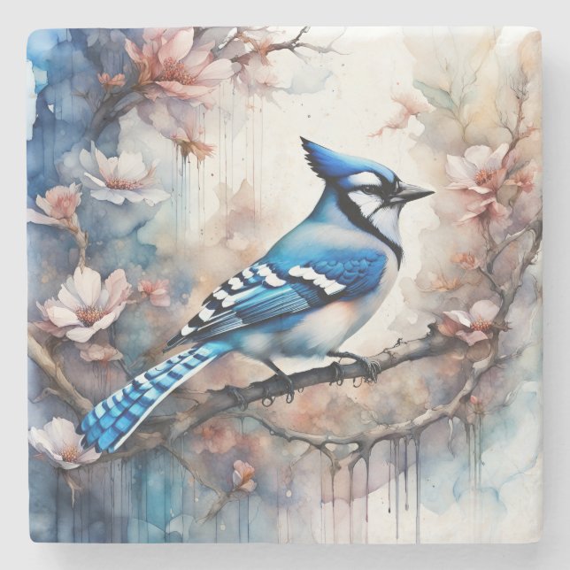 Blue Jay Cherry Blossoms watercolor Stone Coaster (Front)