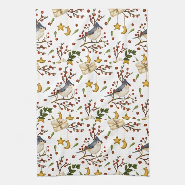 Blue Jay, Cookies, Red Berries,  Presents, Winter Tea Towel (Vertical)