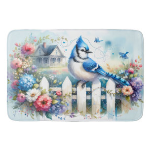 Blue Jay Cottage Garden Fence Scene Bath Mat