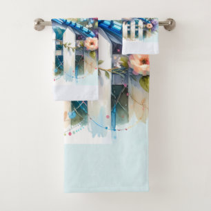 Blue Jay Cottage Garden Fence Scene Bath Towel Set
