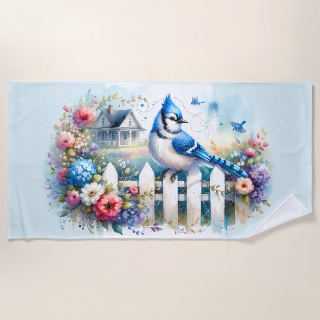 Blue Jay Cottage Garden Fence Scene Beach Towel (Front)
