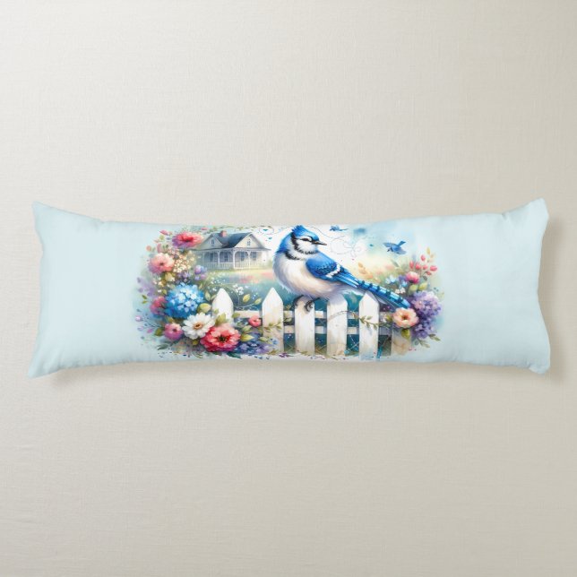 Blue Jay Cottage Garden Fence Scene Body Cushion (Front)