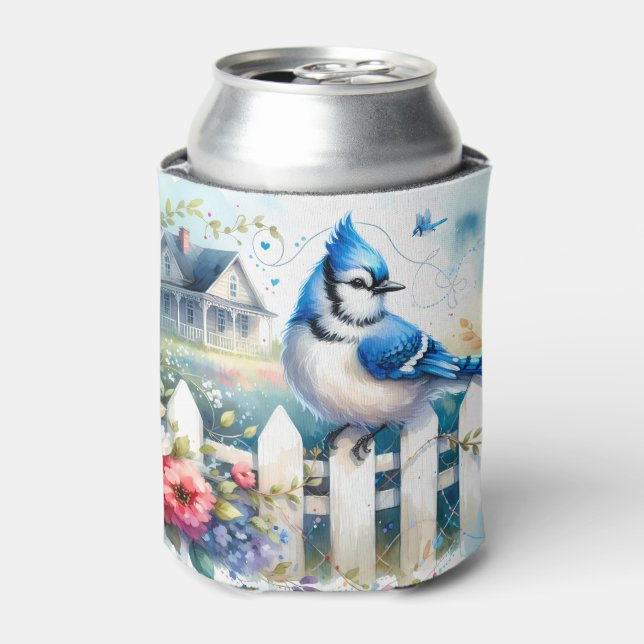 Blue Jay Cottage Garden Fence Scene Can Cooler (Can Front)