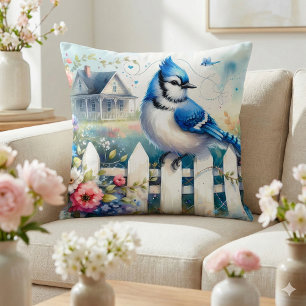 Blue Jay Cottage Garden Fence Scene Cushion