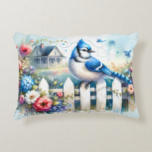 Blue Jay Cottage Garden Fence Scene Decorative Cushion