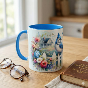 Blue Jay Cottage Garden Fence Scene Mug