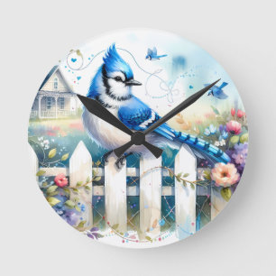 Blue Jay Cottage Garden Fence Scene Round Clock