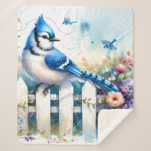Blue Jay Cottage Garden Fence Scene Sherpa Blanket