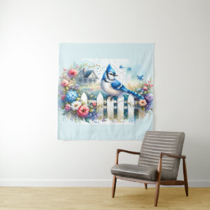 Blue Jay Cottage Garden Fence Scene Tapestry