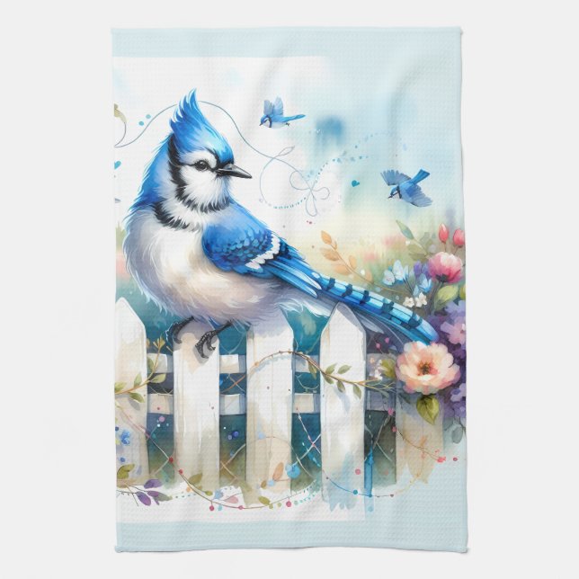 Blue Jay Cottage Garden Fence Scene Tea Towel (Vertical)