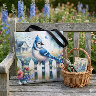 Blue Jay Cottage Garden Fence Scene Tote Bag