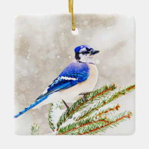 Blue jay in a pine tree with snow ceramic tree decoration