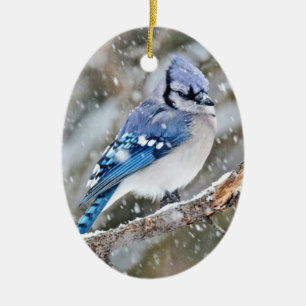 Blue Jay in a Snowstorm Ceramic Tree Decoration