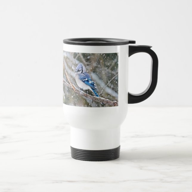 Blue Jay in a Snowstorm Travel Mug (Right)