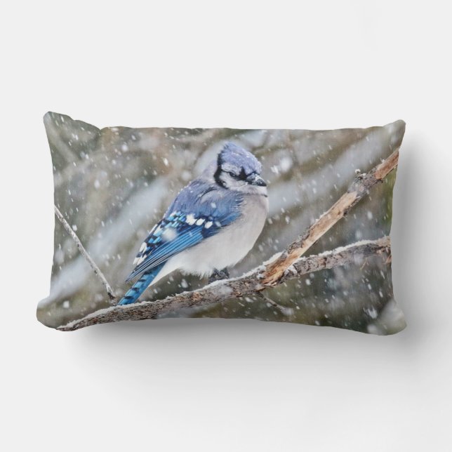 Blue Jay in Snowstorm Lumbar Cushion (Front)