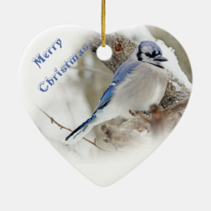 Blue Jay in Winter Snow Ceramic Tree Decoration