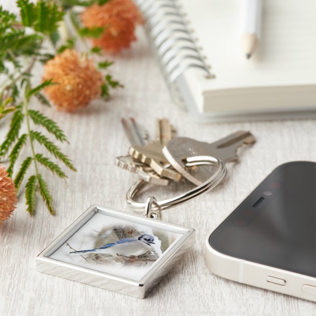 Blue Jay in Winter Snow Key Ring (Side)