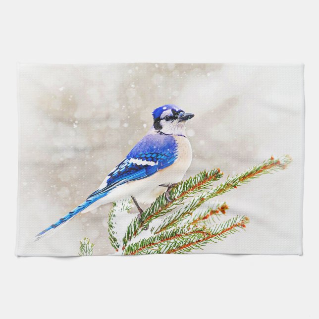 Blue Jay in Winter Tea Towel (Horizontal)