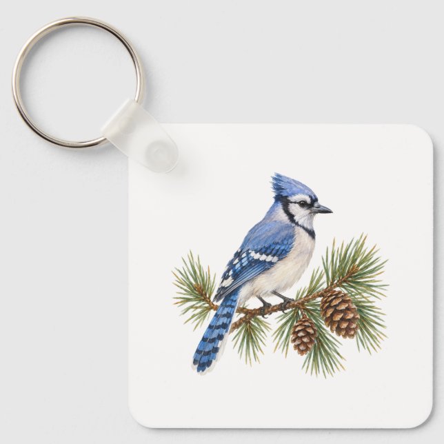 Blue Jay on a Pine Branch Key Ring (Front)