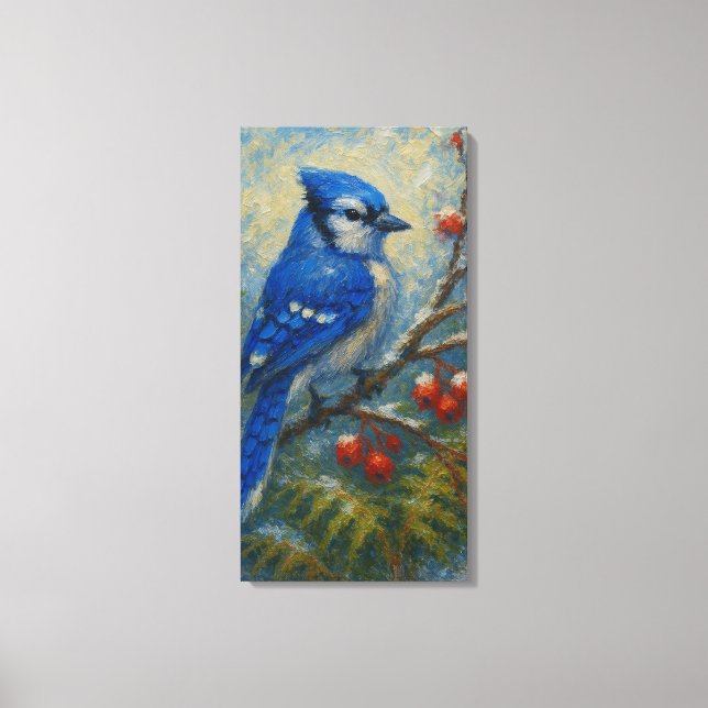 Blue Jay on Berry Branch - Colourful Bird Nature Canvas Print (Front)