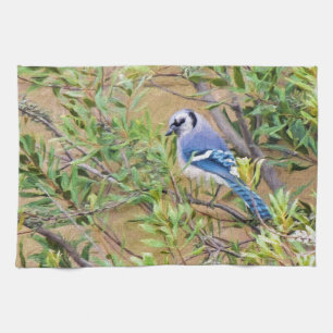 Blue Jay on Southern Wax Myrtle Tea Towel