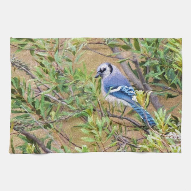 Blue Jay on Southern Wax Myrtle Tea Towel (Horizontal)